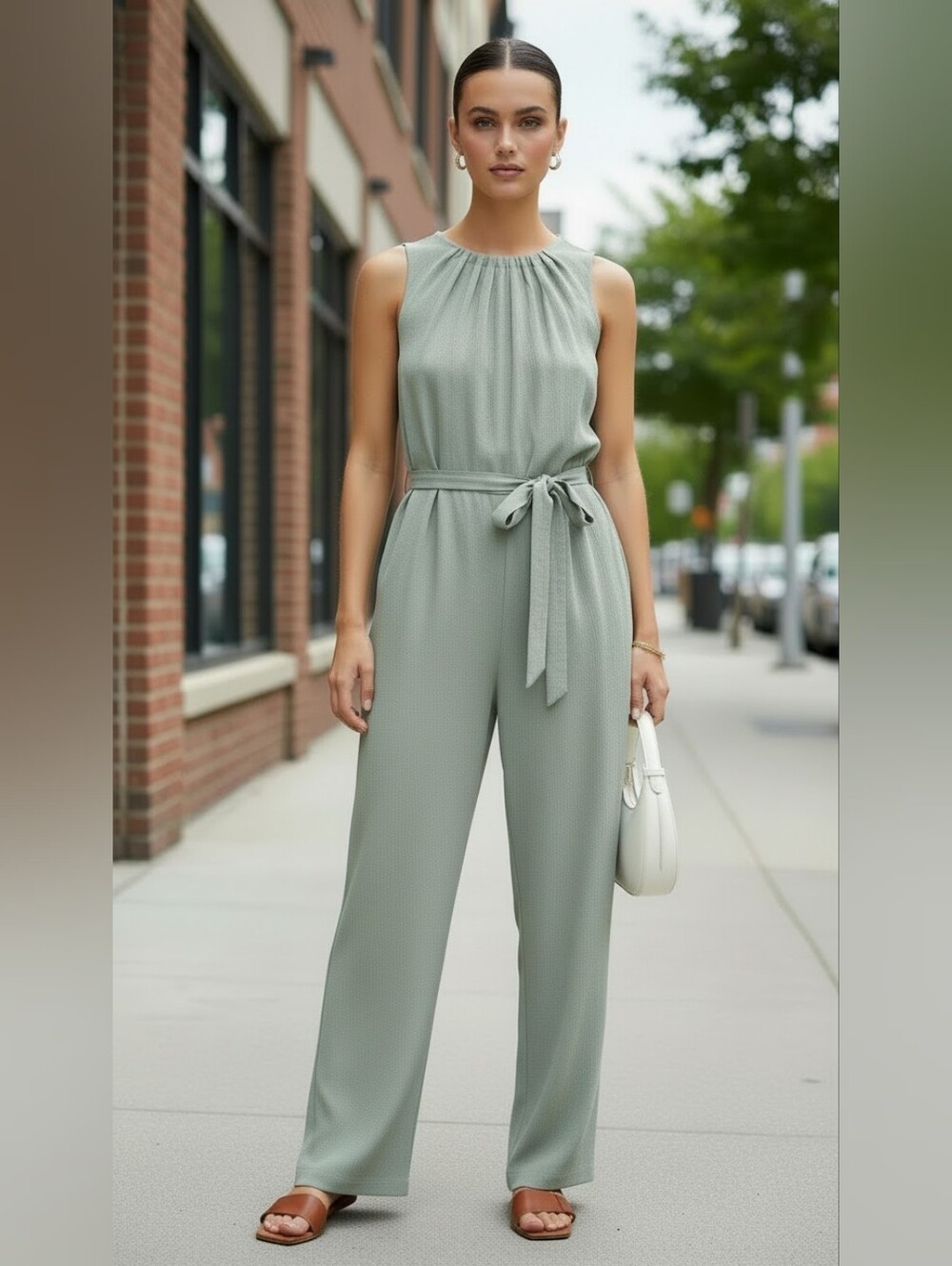 Calvin Klein Mint Sage Green Crinkle Sleeveless Jumpsuit Romper Size 8